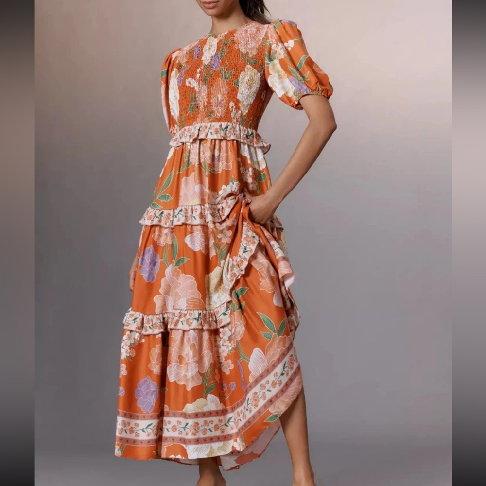 New FARM Rio New Short-Sleeve Crew-Neck Tiered A-Line Maxi Dress Size S Petite